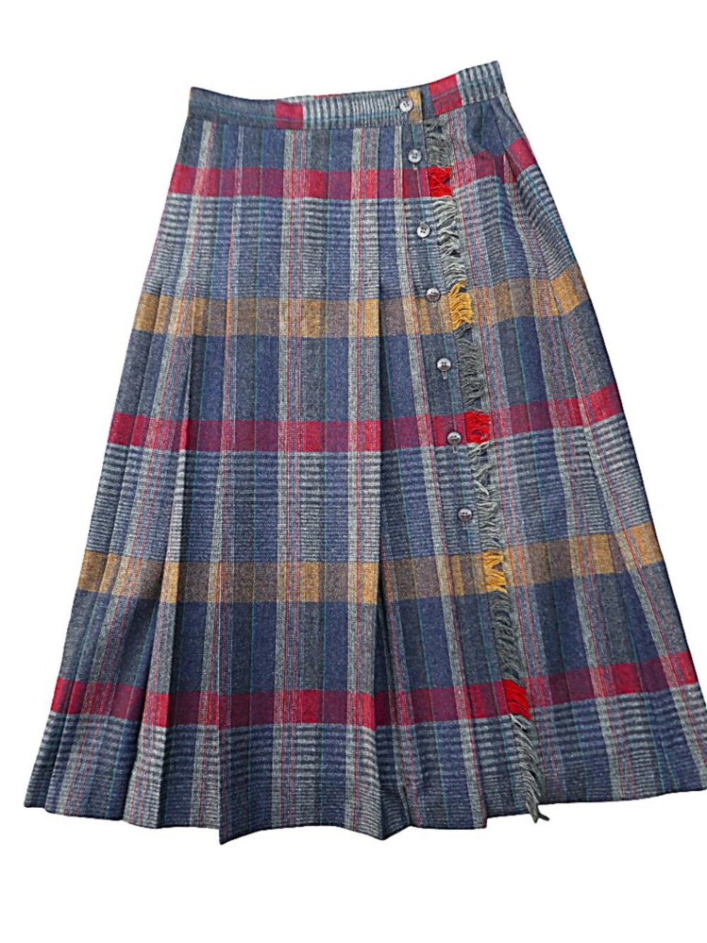 Vintage 60s Panther USA Pleated Midi Skirt Tartan Plaid WooL Blend Fringed Edge - Picture 4 of 8